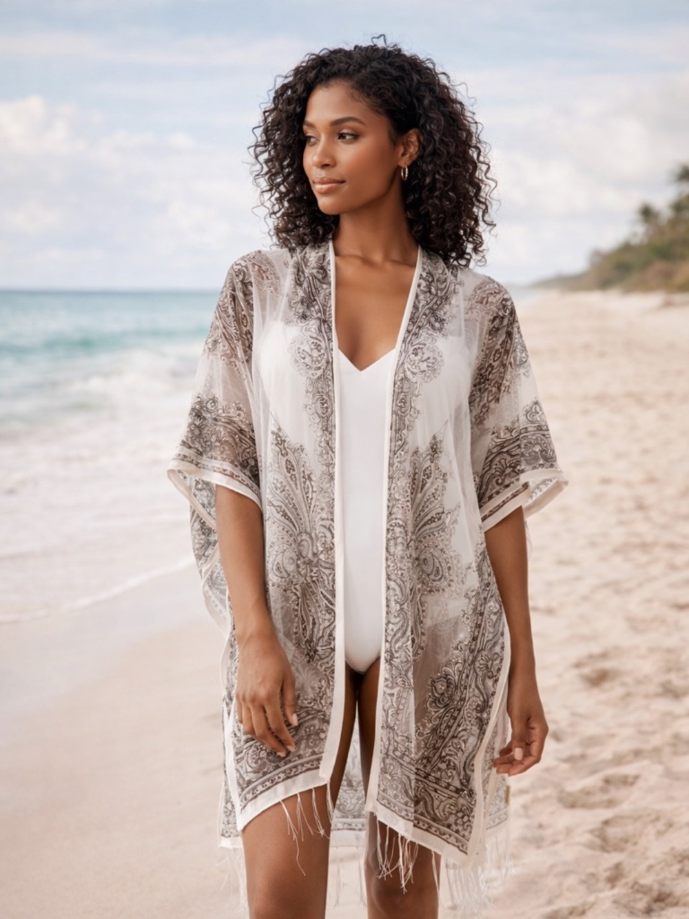 Pretty Persuasions Sheer Paisley Kimono Beach cover-up Boho Coastal Fringe Wrap